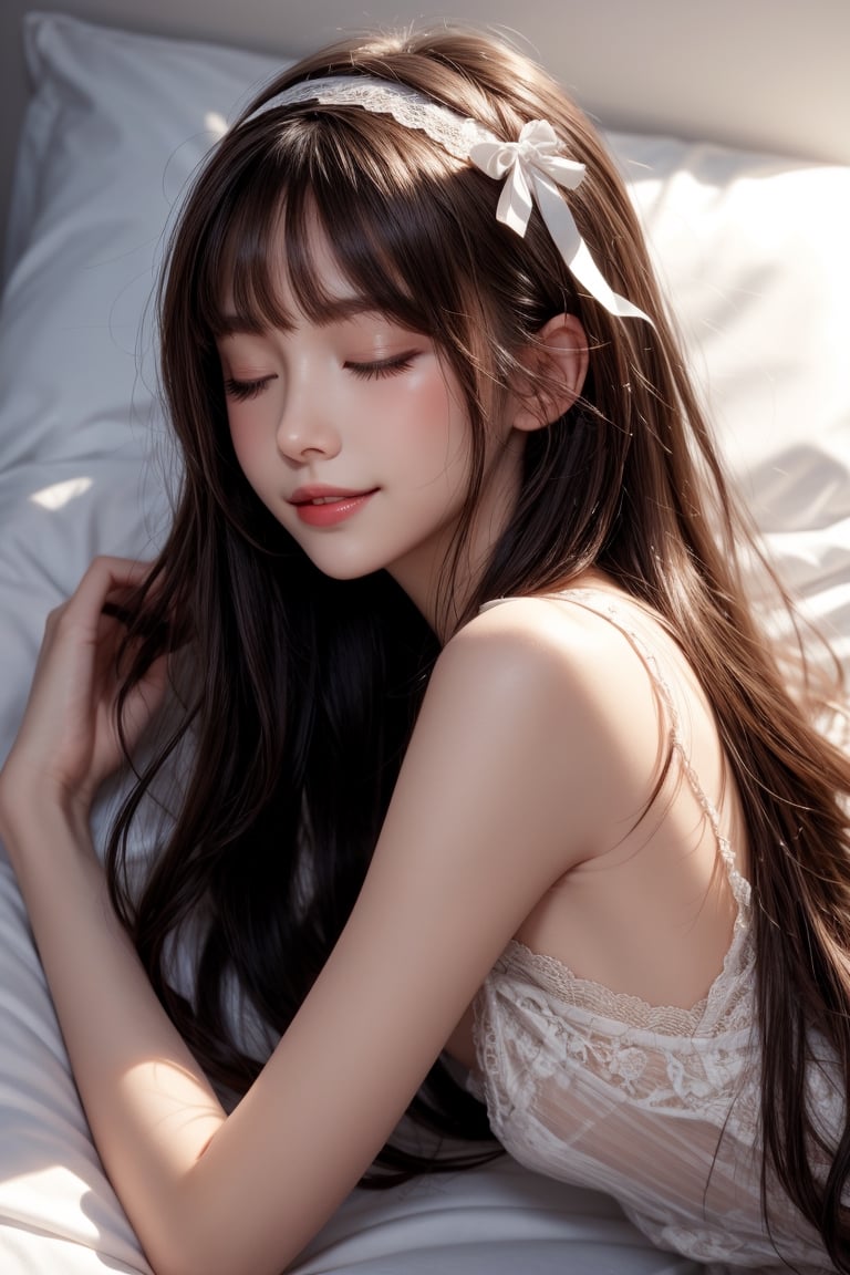 1girl, solo, long hair, smiling, bangs, brown hair, Wearing sexy transparent lace pajamas, eyes closed, sleeping, in the bedroom, lying on the bed, from the side, bow, ribbon, hair ribbon,  hairband,  parted lips, lips,  bow,  realistic,