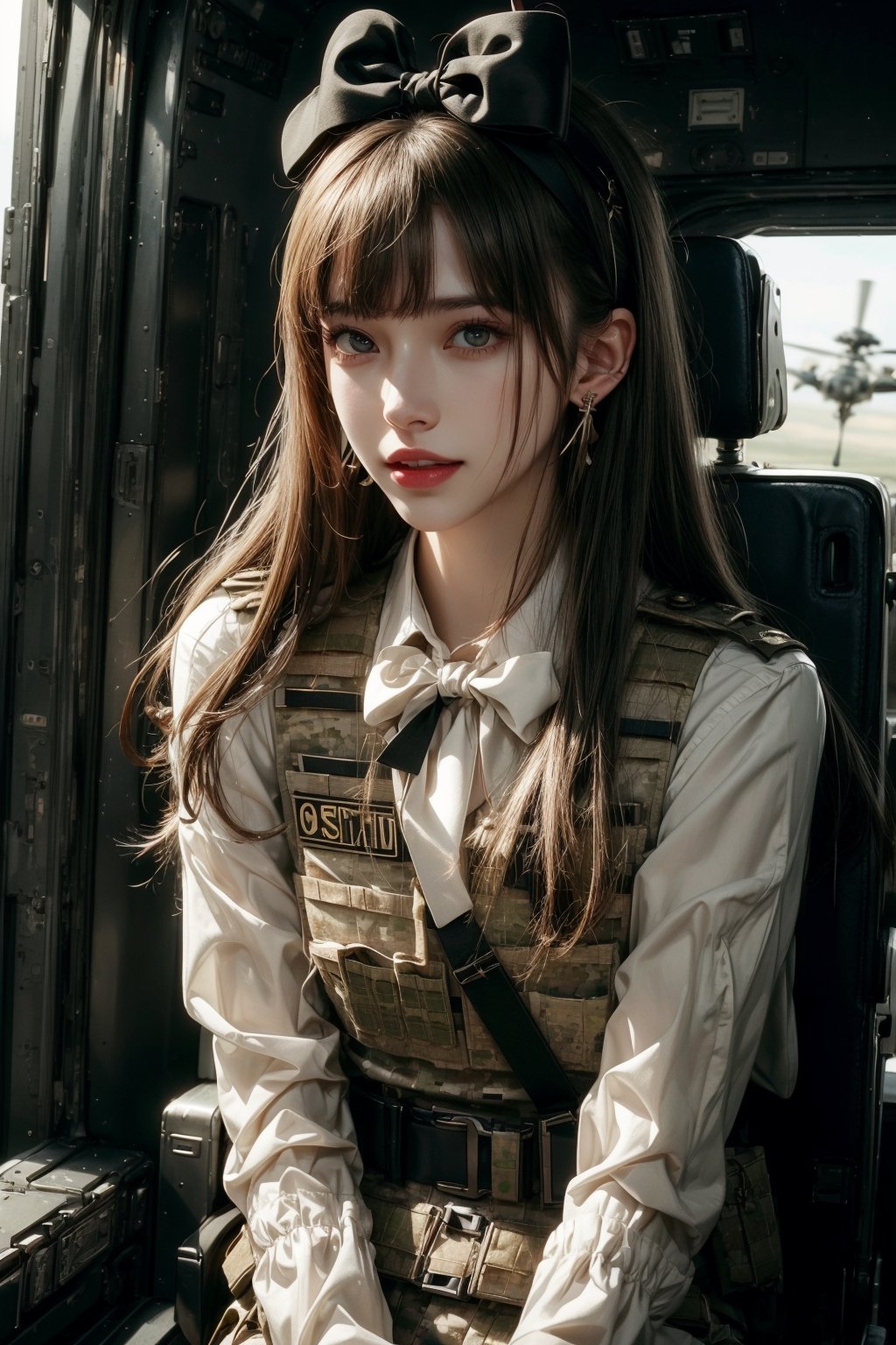 1girl, solo, long hair, looking at the viewer, smile, laugh, teeth, bangs, brown hair, realistic, (masterpiece, best quality, CGI, official art:1.2), as a helicopter pilot, sitting inside of a helicopter, (masterpiece, top quality, best quality, official art, beautiful and aesthetic:1.2), (1girl), extremely detailed, Movie Still, Film Still, Wearing tight military uniform, long sleeves camouflage military uniform, Bulletproof vest, seat belt, Cinematic, masterpiece, best quality, photorealistic, raw photo, earrings, black eyes, lips, bow headband, lips, ribbon, realistic, parted lips, lips, ribbon, realistic, blurry background,Military