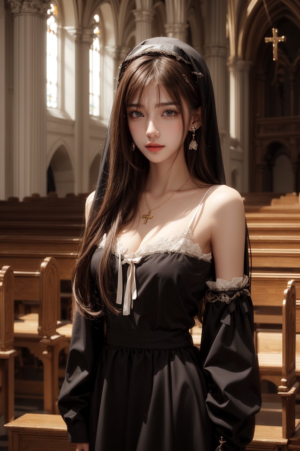 1girl, solo, long hair, looking at the viewer, smile, laugh,  bangs, brown hair, realistic, shoulders-long messy elegant hair, high boots, nun suit, in the church, cleavage, skirt, elegance, masterpiece,  Cross necklace, earrings, realistic,  masterpiece, best quality, photorealistic, raw photo,  earrings, black eyes, lips, bow headband, lips, ribbon, realistic, parted lips, lips, ribbon, realistic, blurry background, 