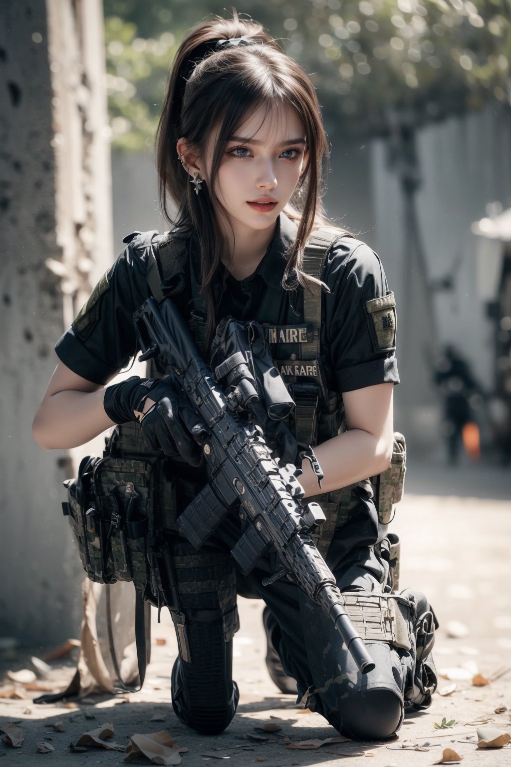 1girl, solo, long hair, looking at the viewer, smile, laugh,  bangs, brown hair, realistic, ponytail, open mouth, gloves, holding, weapon,  realistic, short sleeves, boots, black gloves, pants, fingerless gloves, black footwear, holding weapon, blurry, gun, military, black shirt, blurry background, black pants, holding gun, rifle, assault rifle, knee pads, one knee, combat boots, M4A1, Military,  elegance, masterpiece, earrings, realistic,  masterpiece, best quality, photorealistic, raw photo,  earrings, black eyes, lips, bow headband, lips, ribbon, realistic, parted lips, lips, ribbon, realistic, blurry background,Military,Taskforce,Assault rifle 