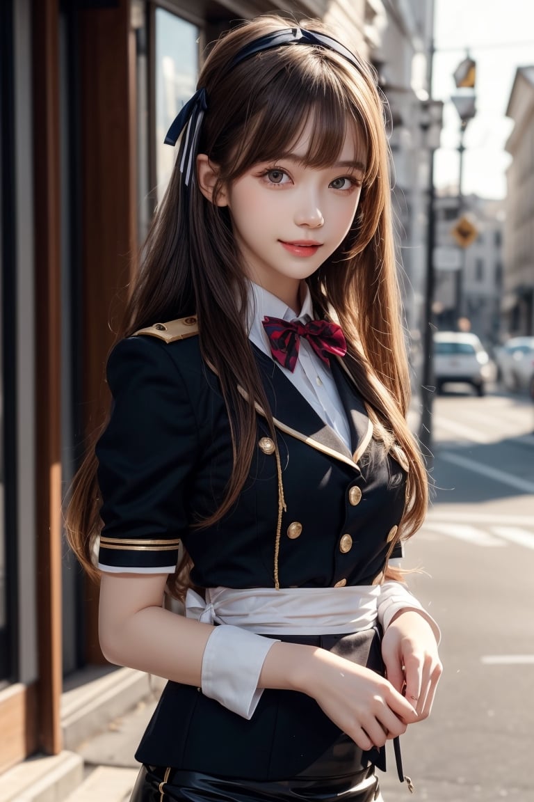 1girl, solo, long hair, looking at the viewer, smiling, bangs, brown hair,  military uniform, pencil skirt, outdoors,, bow, ribbon, hair ribbon,  hairband,  parted lips,  bowtie, lips,  bow,  ribbon, realistic,