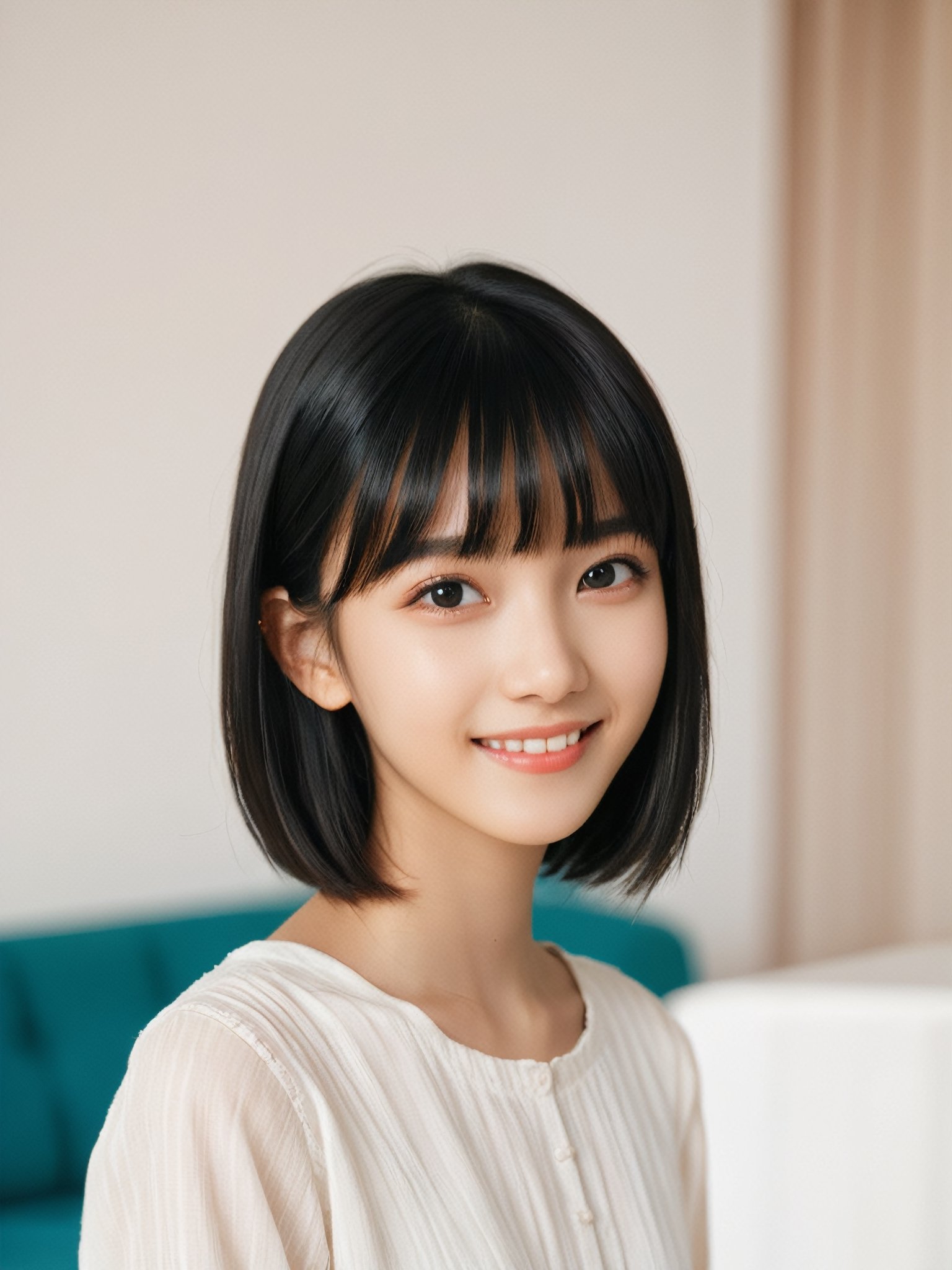 A photorealistic digital portrait of a young girl with short, straight black hair, bangs, and a side part. She has a gentle smile, light makeup, and is wearing a white shirt. The background is soft-focused with a neutral color palette, emphasizing the subject. The lighting is soft and diffused, highlighting her features and giving the image a warm, inviting atmosphere.

More Reasonable Details,aesthetic portrait,FilmGirl,hubggirl