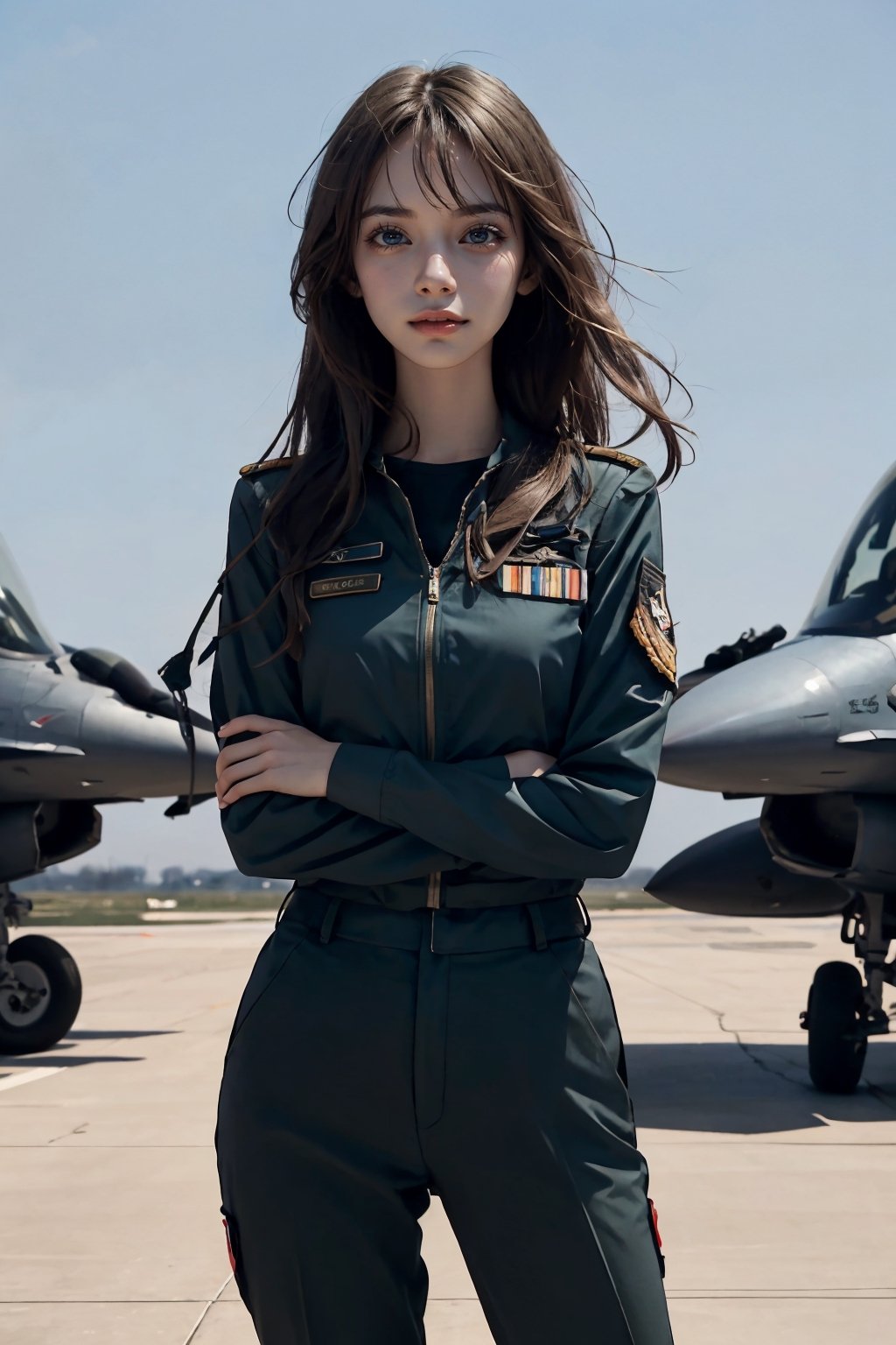 a 20 yo woman, upper body, smile, Tight-fitting military uniform, camouflage military uniform, emblem, crossed arms, long sleeves and long pants, medium breast, at the air force base tarmac,  day, standing in front of a fight jet(F-16),  direct lighting,  long hair,  soothing tones,  high contrast,  (natural skin texture,  hyperrealism,  soft light,  sharp), chromatic_background, simple background, Detailedface, Detailed eyes, Detailedface,MRRPSS, ,F-22,F16 FALCON