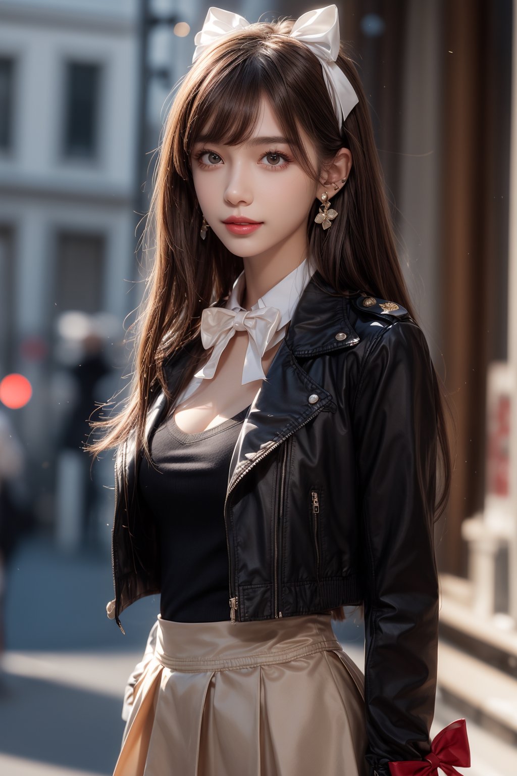 1girl, solo, long hair, looking at the viewer, smile, bangs, brown hair,  realistic, skirt, jacket, military uniform, pencil skirt, realistic, medium breasts, earrings, black eyes, lips, bow headband, blurry, lips, blurry background, ribbon, realistic, parted lips, lips, blurry background, bow, ribbon, realistic,