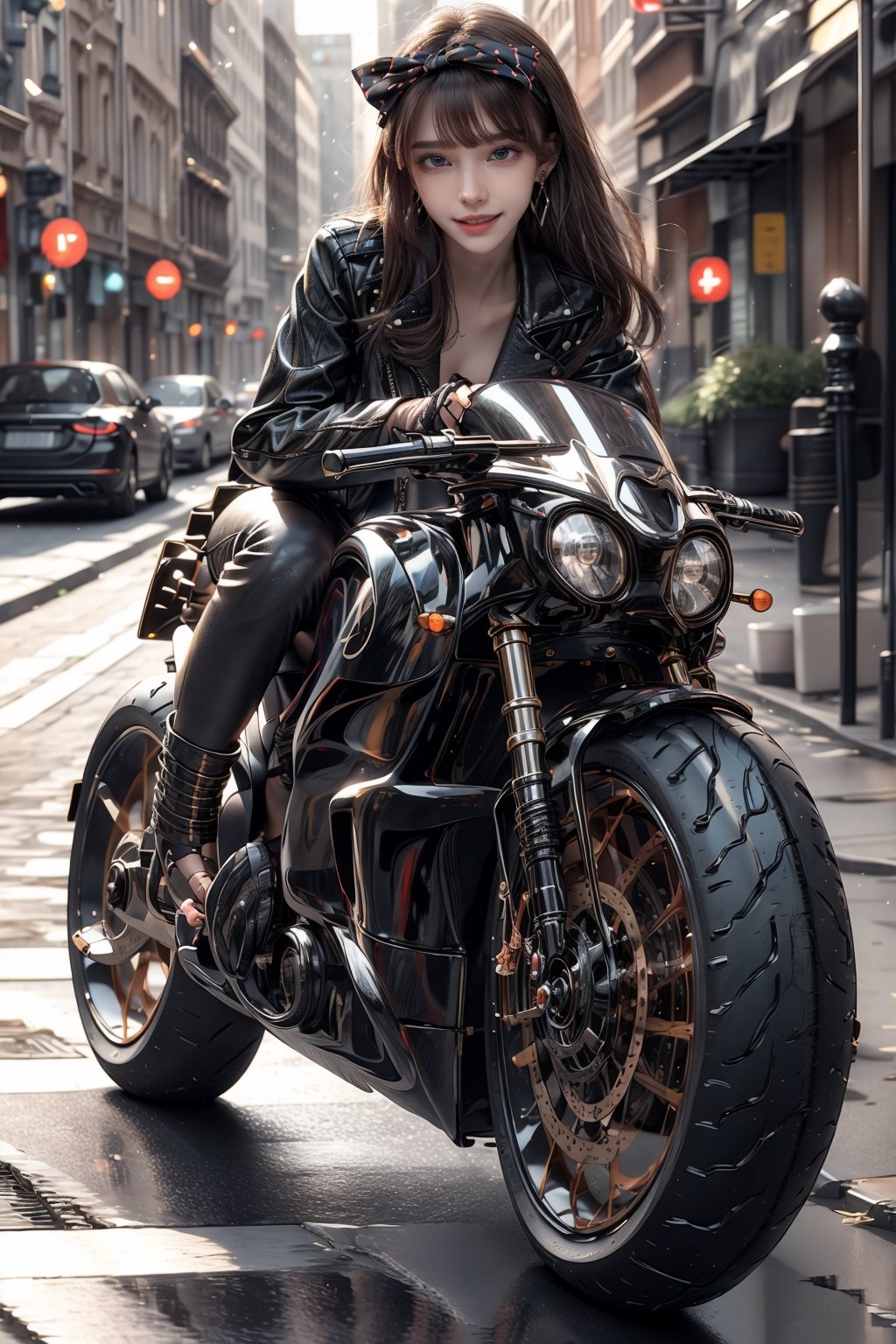 1girl, solo, long hair, looking at viewer, smile, laugh, bangs, brown hair, realistic,  medium breast, rides a (speed motorcycle) in the urban area, gloves, long sleeves, jacket, full body, boots, outdoors, open clothes, black gloves, pants, black footwear, blurry, open jacket, black jacket, bodysuit, blurry background, black pants, ground vehicle, motor vehicle, road, leather, motorcycle, leather jacket, leather pants, on motorcycle, earrings, black eyes, lips, bow headband, lips, ribbon, realistic, parted lips, lips, ribbon, realistic, blurry background,sprbk