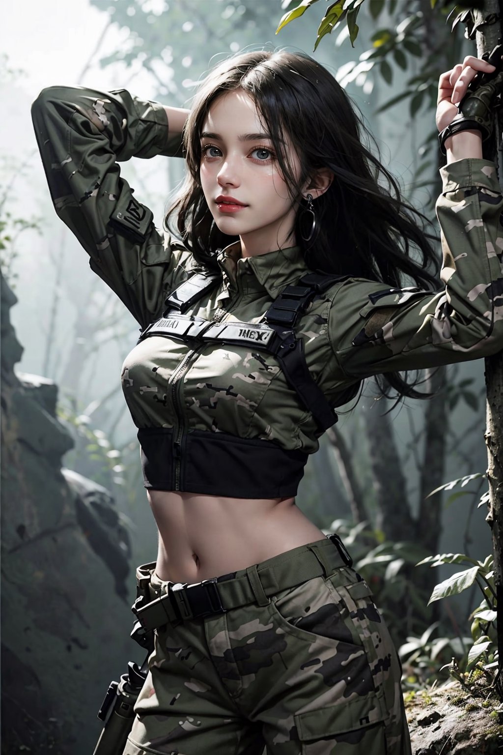 a 20 yo woman, smile, laugh, long hair,  medium breast, sexy, realistic, medium breast, in the forest, in the jungle, military helicopter (UH-60 Black Hawk), arms up, no guns, upper body, slim body, soldier girl, wearing camouflage military uniform, long sleeves, long pants, highly detailed, lips, earrings, direct lighting, long hair, soothing tones, high contrast, (natural skin texture, hyperrealism, soft light, sharp), chromatic_background, simple background, Detailedface, Detailed eyes, Detailedface,ftsbk,Military