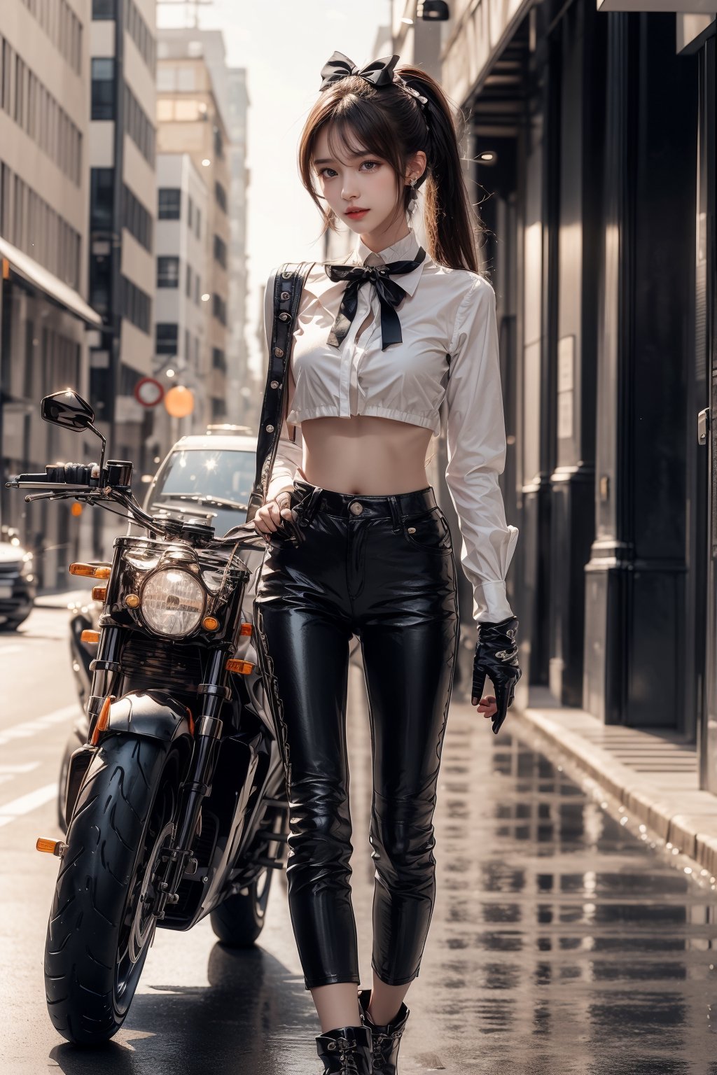 1girl, solo, long hair, looking at viewer, smile, laugh, bangs, brown hair, ponytail, realistic,  medium breast, rides a huge motorcycle with a sense of technology, in the urban area, gloves, shirt, hair ornament, long sleeves, bow, ribbon, navel, jewelry, white shirt, ponytail, earrings, outdoors, parted lips, day, midriff, collared shirt, pants, lips, crop top, full body, boots, outdoors, black gloves, pants, black footwear, blurry,  blurry background, black pants, ground vehicle, motor vehicle, road, leather, motorcycle, leather pants, on a motorcycle, earrings, black eyes, lips, bow headband, lips, ribbon, realistic, parted lips, lips, ribbon, realistic, blurry background,,zzfutbikzz