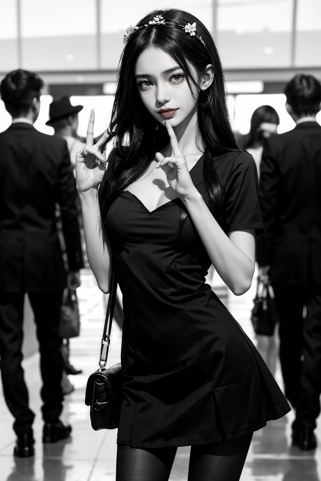 a 20 yo woman, smile, laugh, long hair,  medium breast, sexy, realistic, medium breast, flower hair accessories,  cowboy shot,  Flight attendants uniform,
 floral print, She is making a "peace sign" with both hands (posing with both hands showing the 'V' sign near her face). The background can be a simple gradient or a subtle outdoor scene. Make sure the character has a cheerful and energetic expression. pantyhose, high heels, realistic, airport, terminal,(black pantyhose),direct lighting, long hair, soothing tones, high contrast, (natural skin texture, hyperrealism, soft light, sharp), chromatic_background, simple background, Detailedface, Detailed eyes, Detailedface,ftsbk,