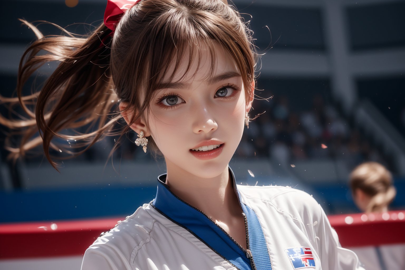 1girl, solo, long hair, smile, laugh, teeth, bangs, brown hair, reality, Paris Olympics Taekwondo Match: "Illustrate a beautiful woman wearing a taekwondo uniform in an indoor arena, engaged in a dynamic match with her opponent. Capture the intensity and focus in her eyes, the precise movements, and the strength in her kicks and punches. The background should feature the energetic atmosphere of the Olympic event, with spectators in the stands and banners representing the Paris Olympics.t, earrings, parted lips, blurry,  lips, blurry background, highly detailed,  earrings, dark eyes, lips, bow headband, lips, ribbon, realistic, parted lips,  ribbon, realistic, blurred background,