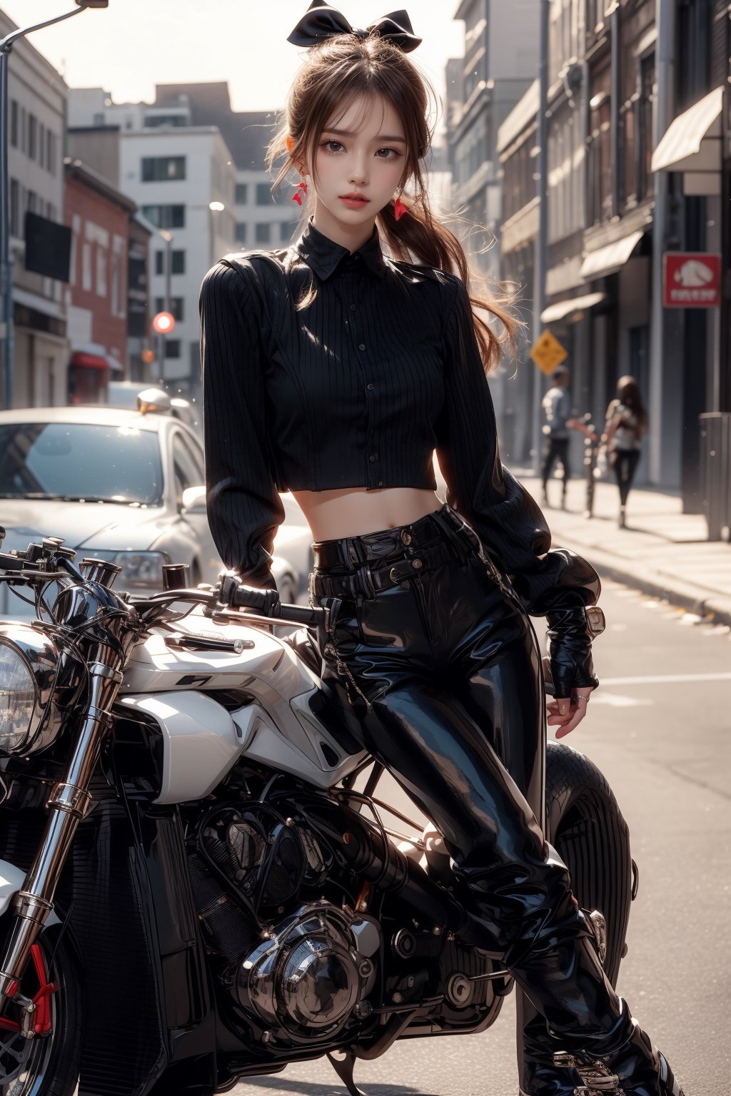 1girl, solo, long hair, looking at viewer, smile, laugh, bangs, brown hair, ponytail, realistic,  medium breast, rides a huge motorcycle with a sense of technology, in the urban area, gloves, shirt, hair ornament, long sleeves, bow, ribbon, navel, jewelry, white shirt, ponytail, earrings, outdoors, parted lips, day, midriff, collared shirt, pants, lips, crop top, full body, boots, outdoors, black gloves, pants, black footwear, blurry,  blurry background, black pants, ground vehicle, motor vehicle, road, leather, motorcycle, leather pants, on a motorcycle, earrings, black eyes, lips, bow headband, lips, ribbon, realistic, parted lips, lips, ribbon, realistic, blurry background,,zzfutbikzz