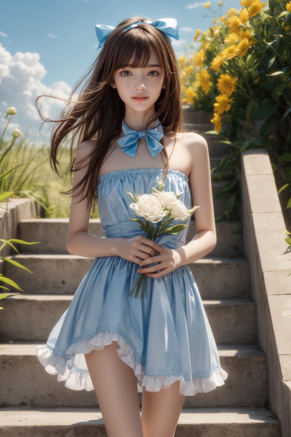 1girl, 16 yo, solo, long hair, looking at the viewer,  bright sunny smile, bangs, brown hair, strapless, blue dress, upper body, outdoors, holding flowers in hand, bow, ribbon, hair ribbon,  hairband,  parted lips,  bowtie, lips,  bow,  ribbon, realistic, sky, day, cloud, blue footwear, stairs, ocean, realistic hands