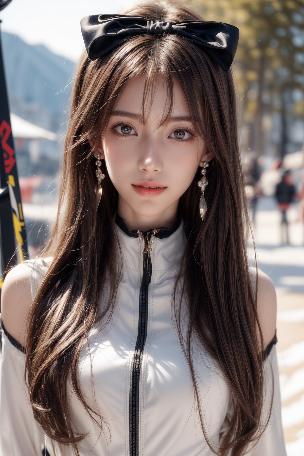  1girl, solo, long hair, looking at the viewer, smile, bangs, brown hair, realistic, shoulders-long messy elegant hair.  full body, daytime, sunny weather, abundant sunlight, Wearing ski gear, Skis and ski poles, skiing at a ski resort, smiling at the camera, jewels. masterpiece, best quality, photorealistic, raw photo, earrings, black eyes, lips, bow headband, lips, ribbon, realistic, parted lips, lips, ribbon, realistic, blurry background,