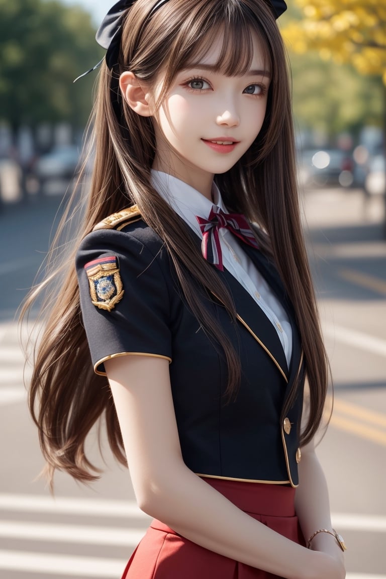 1girl, solo, long hair, looking at the viewer, smiling, bangs, brown hair,  military uniform, pencil skirt, outdoors,, bow, ribbon, hair ribbon,  hairband,  parted lips,  bowtie, lips,  bow,  ribbon, realistic,