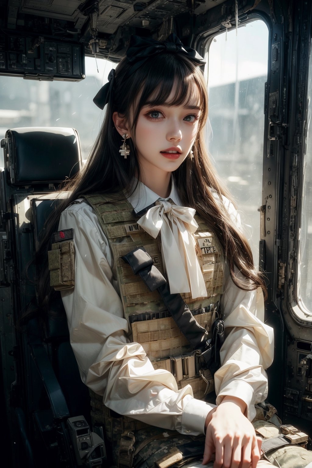 1girl, solo, long hair, looking at the viewer, smile, laugh, teeth, bangs, brown hair, realistic, (masterpiece, best quality, CGI, official art:1.2), as a helicopter pilot, sitting inside of a helicopter, (masterpiece, top quality, best quality, official art, beautiful and aesthetic:1.2), (1girl), extremely detailed, Movie Still, Film Still, Wearing tight military uniform, long sleeves camouflage military uniform, Bulletproof vest, seat belt, Cinematic, masterpiece, best quality, photorealistic, raw photo, earrings, black eyes, lips, bow headband, lips, ribbon, realistic, parted lips, lips, ribbon, realistic, blurry background,Military