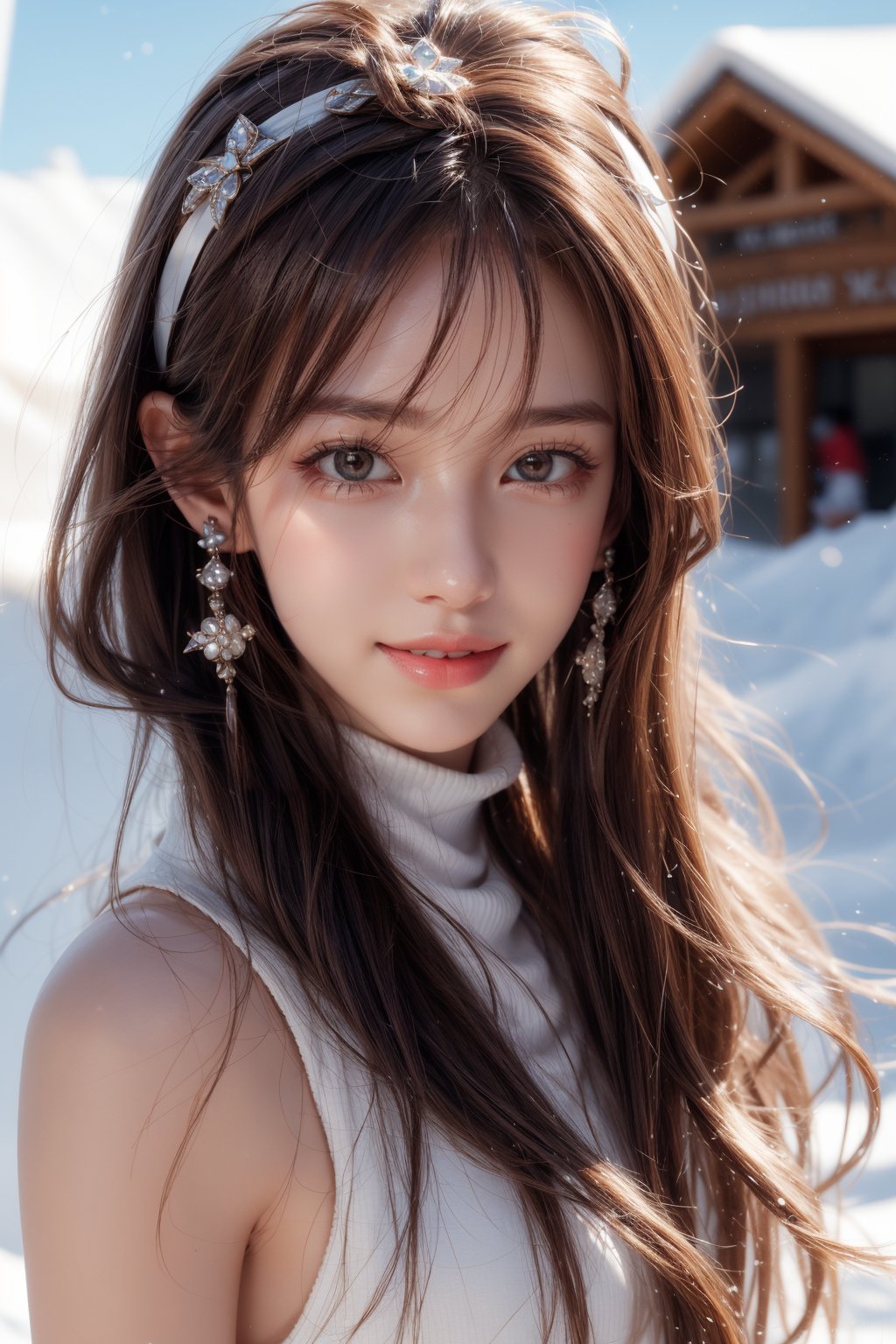  1girl, solo, long hair, looking at the viewer, smile, bangs, brown hair, realistic, shoulders-long messy elegant hair.  full body, daytime, sunny weather, abundant sunlight, Wearing ski gear, Skis and ski poles, skiing at a ski resort, smiling at the camera, jewels. masterpiece, best quality, photorealistic, raw photo, earrings, black eyes, lips, bow headband, lips, ribbon, realistic, parted lips, lips, ribbon, realistic, blurry background,