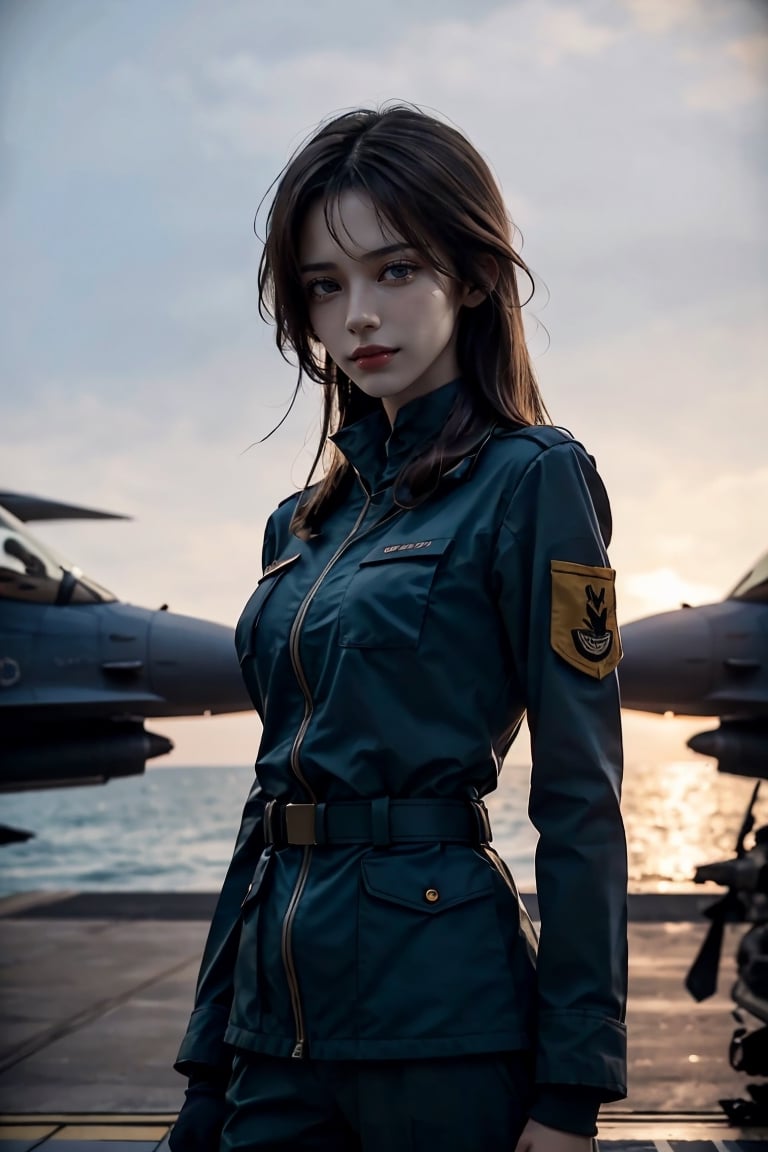 a 20 yo woman, upper body, smile, Tight-fitting military uniform, camouflage military uniform, long sleeves and long pants, medium breast, on the aircraft carrier's deck,  fight jet(F-16),  direct lighting,  long hair,  soothing tones,  high contrast,  (natural skin texture,  hyperrealism,  soft light,  sharp), chromatic_background, simple background, Detailedface, Detailed eyes, Detailedface,MRRPSS, blurry_background,f-16 fighting falcon,f-16,F16 FALCON