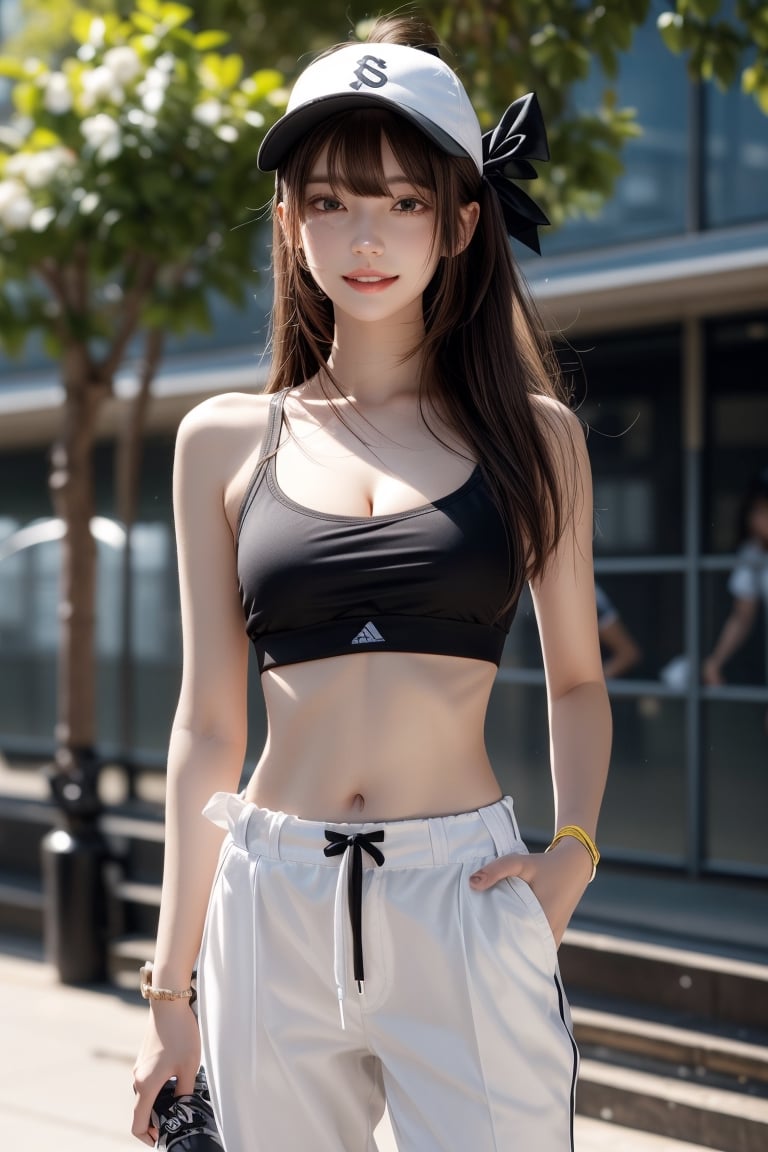 1girl, solo, long hair, looking at the viewer, smiling, bangs, brown hair, cleavage, bare shoulders, outdoors, bare arms, black headwear, black pants,  white footwear, sneakers, baseball cap, sports bra, hands in pockets, ribbon, hair ribbon,  hairband,  parted lips,  lips,  bow,  ribbon, realistic,