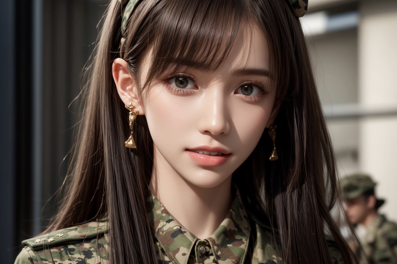 1girl, solo, long hair, looking at the viewer, teeth, smile, bangs, brown hair,  realistic, tight camouflage uniform, military uniform, military uniform, camouflage, in the army military camp, tanks, trucks, realistic, medium breasts, earrings, black eyes, lips, bow headband, lips, ribbon, realistic, parted lips, lips, ribbon, realistic,