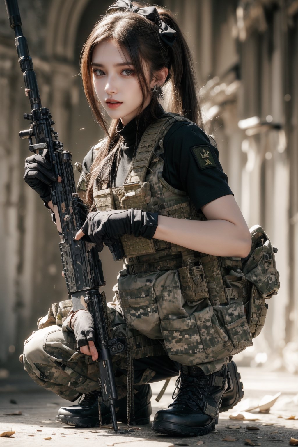 1girl, solo, long hair, looking at the viewer, smile, laugh,  bangs, brown hair, realistic, ponytail, open mouth, gloves, holding, weapon,  realistic, short sleeves, boots, black gloves, pants, fingerless gloves, black footwear, holding weapon, blurry, gun, military, black shirt, blurry background, black pants, holding gun, rifle, assault rifle, knee pads, one knee, combat boots, m4a1, Military,  elegance, masterpiece, earrings, realistic,  masterpiece, best quality, photorealistic, raw photo,  earrings, black eyes, lips, bow headband, lips, ribbon, realistic, parted lips, lips, ribbon, realistic, blurry background,Military,Taskforce