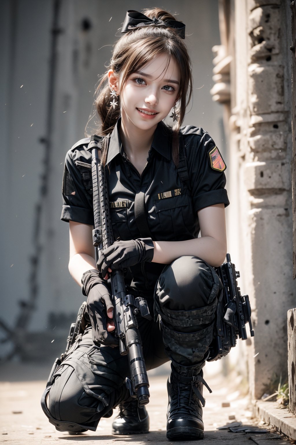 1girl, solo, long hair, looking at the viewer, smile, laugh,  bangs, brown hair, realistic, ponytail, open mouth, gloves, holding, weapon,  realistic, short sleeves, boots, black gloves, pants, fingerless gloves, black footwear, holding weapon, blurry, gun, military, black shirt, blurry background, black pants, holding gun, rifle, assault rifle, knee pads, one knee, combat boots, m16a4, Military,  elegance, masterpiece, earrings, realistic,  masterpiece, best quality, photorealistic, raw photo,  earrings, black eyes, lips, bow headband, lips, ribbon, realistic, parted lips, lips, ribbon, realistic, blurry background,Military,Taskforce,perfect