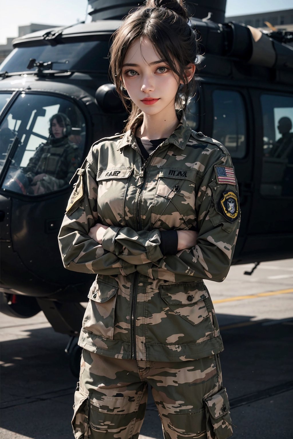 a 20 yo woman, upper body, smile, ponytail, Tight-fitting military uniform, camouflage military uniform, emblem, crossed arms, long sleeves and long pants, medium breast, at the air force base tarmac,  day, standing in front of a huge helicopter (UH-60 Black Hawk),  direct lighting,  long hair,  soothing tones,  high contrast,  (natural skin texture,  hyperrealism,  soft light,  sharp), chromatic_background, simple background, Detailedface, Detailed eyes, Detailedface,MRRPSS, ,UH-60 Black Hawk