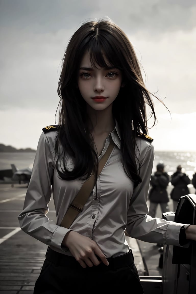 a 20 yo woman, upper body, smile, Tight-fitting military uniform, camouflage military uniform, long sleeves and long pants, medium breast, on the aircraft carrier's deck,  fight jet(F-22),  direct lighting,  long hair,  soothing tones,  high contrast,  (natural skin texture,  hyperrealism,  soft light,  sharp), chromatic_background, simple background, Detailedface, Detailed eyes, Detailedface,MRRPSS, blurry_background,F-22