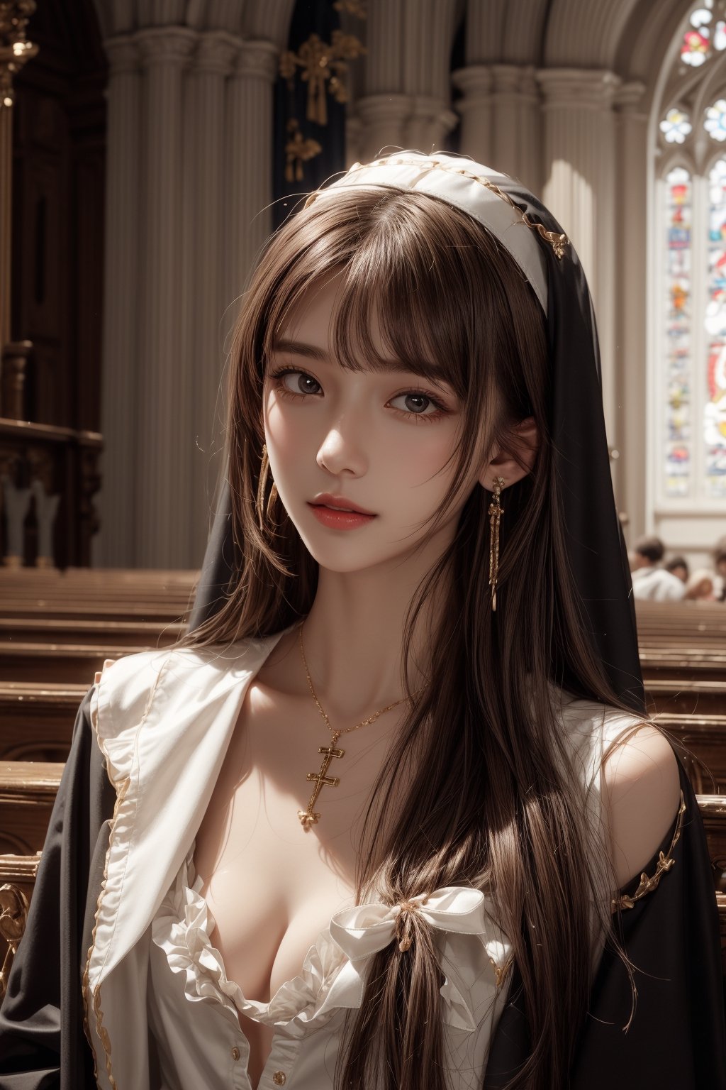 1girl, solo, long hair, looking at the viewer, smile, laugh,  bangs, brown hair, realistic, shoulders-long messy elegant hair, high boots, nun suit, in the church, cleavage, elegance, masterpiece,  Cross necklace, earrings, realistic,  masterpiece, best quality, photorealistic, raw photo,  earrings, black eyes, lips, bow headband, lips, ribbon, realistic, parted lips, lips, ribbon, realistic, blurry background, 