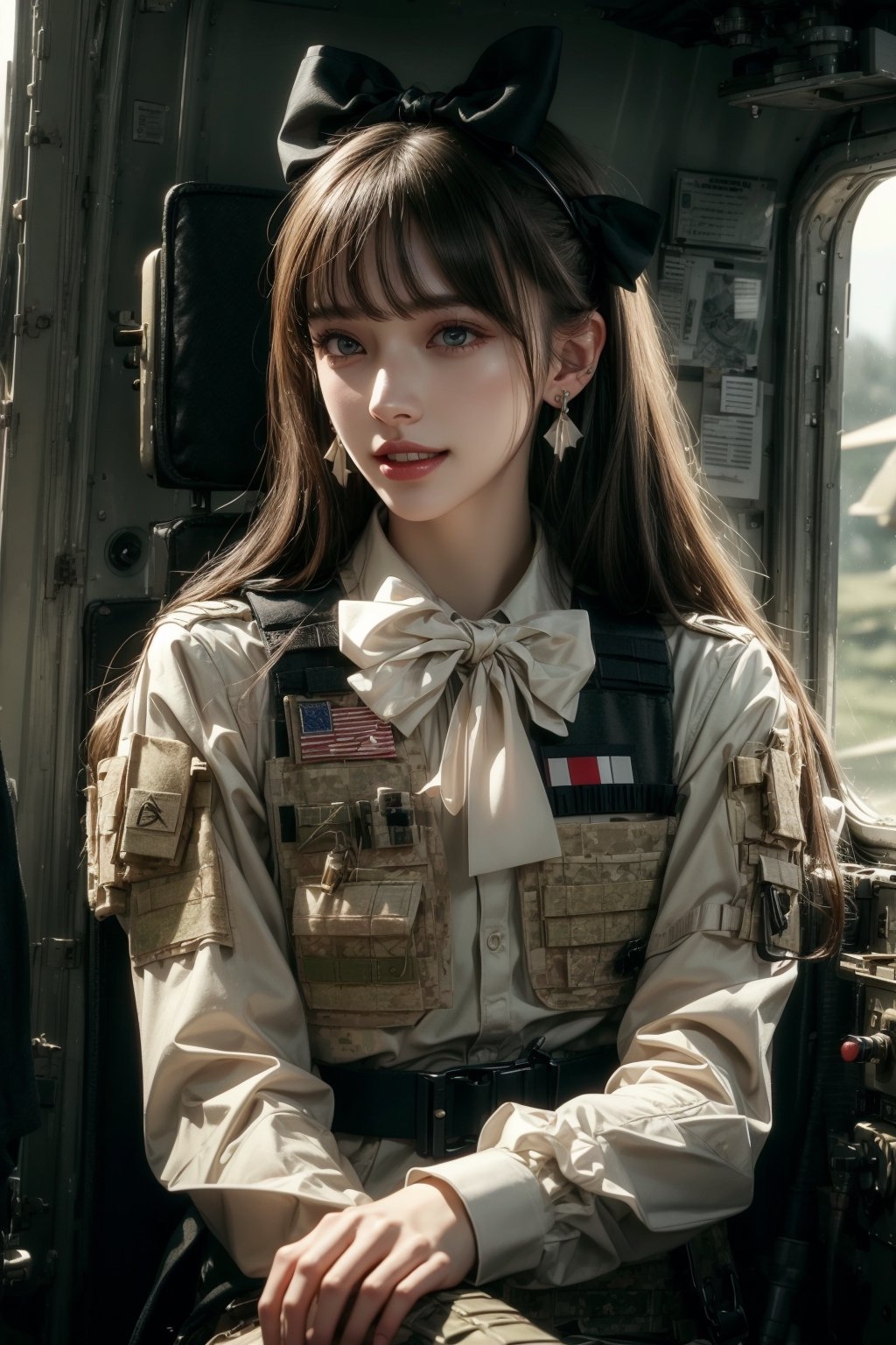 1girl, solo, long hair, looking at the viewer, smile, laugh, teeth, bangs, brown hair, realistic, (masterpiece, best quality, CGI, official art:1.2), as a helicopter pilot, sitting inside of a helicopter, (masterpiece, top quality, best quality, official art, beautiful and aesthetic:1.2), (1girl), extremely detailed, Movie Still, Film Still, Wearing tight military uniform, long sleeves camouflage military uniform, Bulletproof vest, seat belt, Cinematic, masterpiece, best quality, photorealistic, raw photo, earrings, black eyes, lips, bow headband, lips, ribbon, realistic, parted lips, lips, ribbon, realistic, blurry background,Military