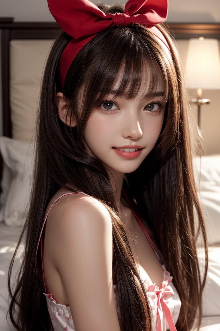 1girl, solo, long hair, looking at the viewer, smile, teeth, bangs, brown hair, sexy pajamas, lying on the bed, in the bedroom, headband, headband, night,  ribbon, hair ribbon, bow hairband,  parted lips,  lips,  bow,  ribbon, realistic,