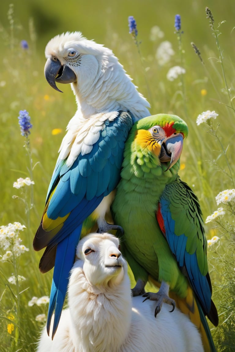 A vibrant green parrot perches precariously on the neck of a fluffy white goat, its bright blue and yellow feathers glistening in the warm sunlight. The goat's gentle gaze and relaxed demeanor provide a surprising contrast to the parrot's loud, squawking call, as they sit together in a lush meadow surrounded by wildflowers.