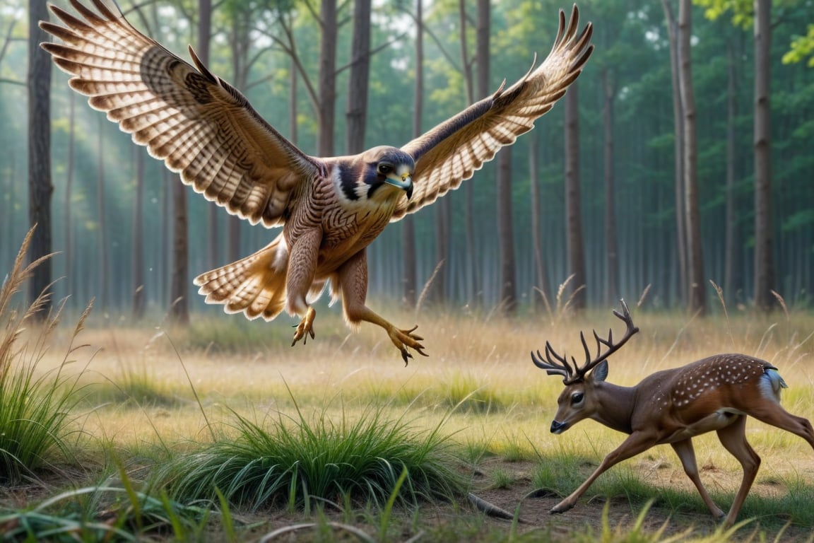 A wild falcon is taking a deer by its feet and flying away. , dust, grass, forest, Realistic photography in ultra hd in 8k