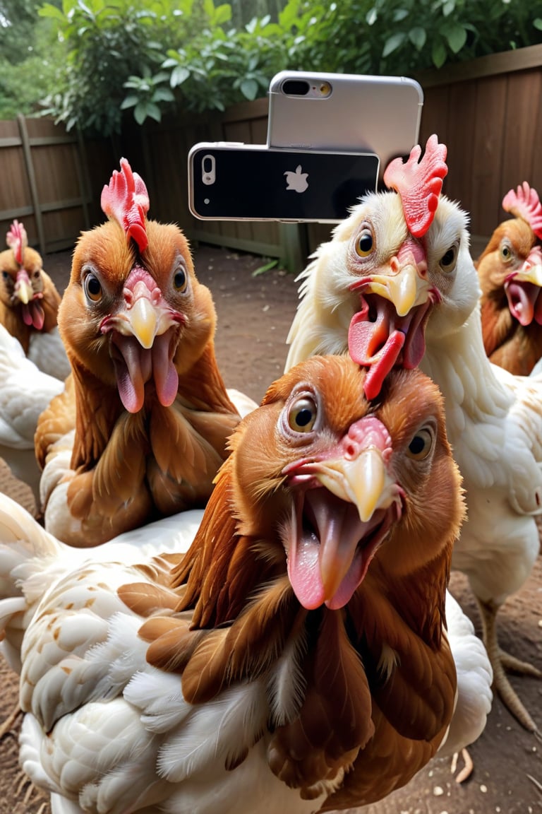 Realistic picture of Chickens taking selfies