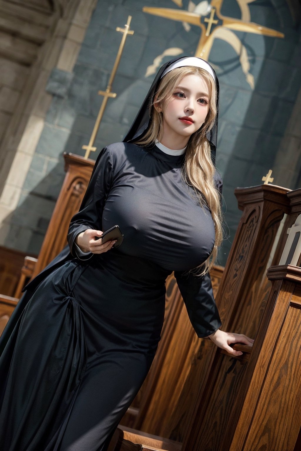 LORA
프롬프트
Detailedeyes, Detailedface, More Detail, Realism, Photorealism, 1girl, (solo:1.2), woman, 30yo, ((nun)), milf, {((habit), (skin_tight), catholic, black dress, (nun habit))}, {(hourglass_figure, (large_breasts:1.2), bursting breasts), voluptuous, curvy_figure, curvaceous, wide_hips, perfect_ass), (toned, fit, abs)}, {blue_eyes:1.2, bright_pupils:1.3), makeup, serene smile}, {((blonde hair), long_hair)}, {(background:((church), pulpit))}, (beautiful_face:1.5), (full_body:1.7), (masterpiece, best quality:1.4)
