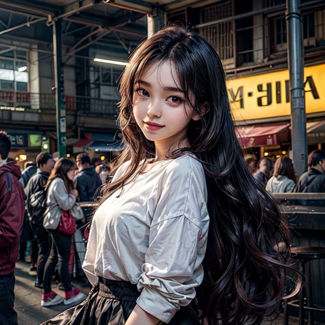 1 girl, beautiful korean girl, 18 yo, over sized eyes, big eyes, smiling, looking at viewer, long wavy hair, flat illustration of beautiful young woman weared in casual cute outfit, background and drawning in Tim Berton style, close interweaving of realism and symbolism in cyberpunk style, pale neon lighting, dark shadows. aesthetic and beautiful picture, winner of various awards, trending on popular magazines, creative masterpiece, @imageized
