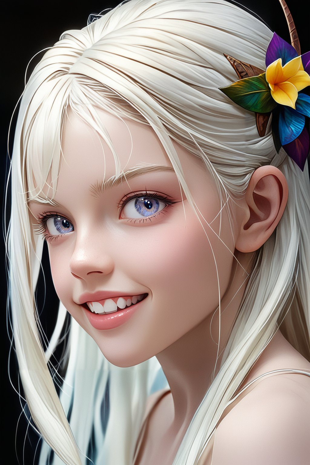 (Anya Taylor-Joy) as an albino Na'vi, female, ((white skin)), ((albinism)), ((white hair)), (long straight hair), (purple colored eyes), pale (barely visible) stripes, white color palette, smiling, pointy teeth, beautiful na'vi, action scene, portrait view, profile view, realistic_eyes, hyper_realistic, extreme details, HDR, 4k quality, perfect quality, perfect image, HD quality, movie scene, Read description, ADD MORE DETAIL