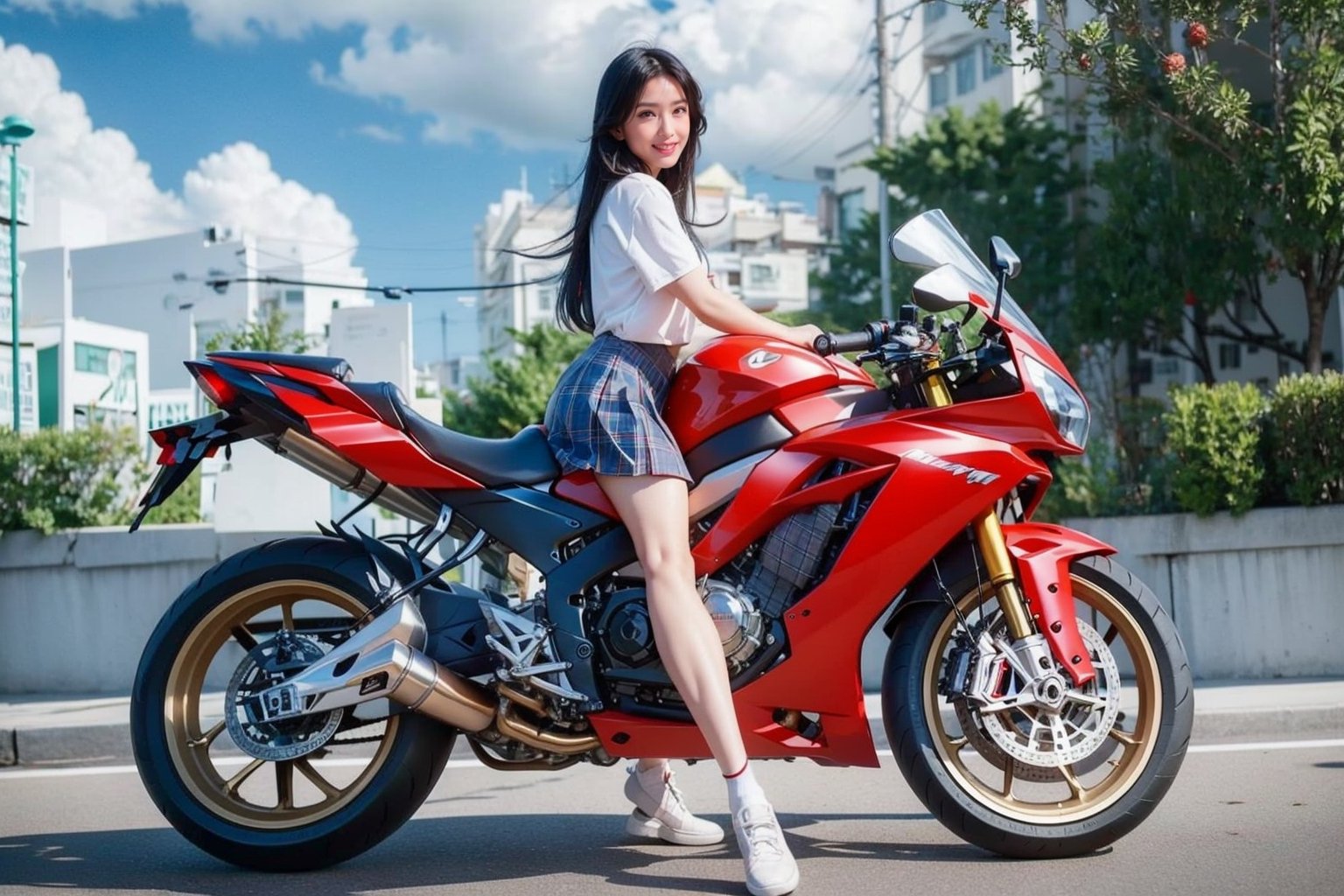 Masterpiece, Best Quality,  a full body portrait photograph of a nude 17yo Chinese girl, 1girl, hair blowing in the wind, perfect hand, detailed fingernails, perfect legs, natural skin, long hair, 8k uhd, high quality, film grain,  flash, (Fujifilm XT3) ,(clear skin), dream_girl, dynamic expression, sexy face, detail eyes,eyes smile, girls riding motocycle, solo, long hair, looking at viewer, eyes smile, skirt, brown hair, shirt, brown eyes, school uniform, outdoors, sky, day, socks, shoes, back pack, shoes, cloud, blue sky, plaid, plaid skirt, ground vehicle, motor vehicle, road,  sporty motorcycle,realhands,yhmotorbike,Vivian Chow2, aargoldhk,HKgirl2,Hongkong street