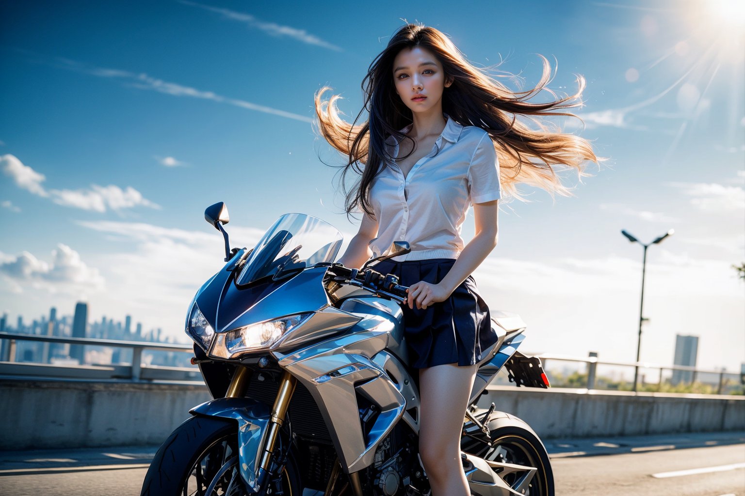 A 17-year-old Chinese girl stands confidently on a Hong Kong street, her long brown hair blowing gently in the wind. She wears a partially unbuttoned school uniform shirt, revealing toned shoulders and a hint of cleavage. Her bright brown eyes sparkle with a dynamic expression, as if smiling at the viewer. Her skin is flawless, with a subtle sheen under the natural lighting. The camera captures her perfect legs and detailed fingernails, with the wind blowing through her hair. In the background, a sleek sporty motorcycle zooms down the road, its blue sky and white clouds reflected in the girl's shining eyes.