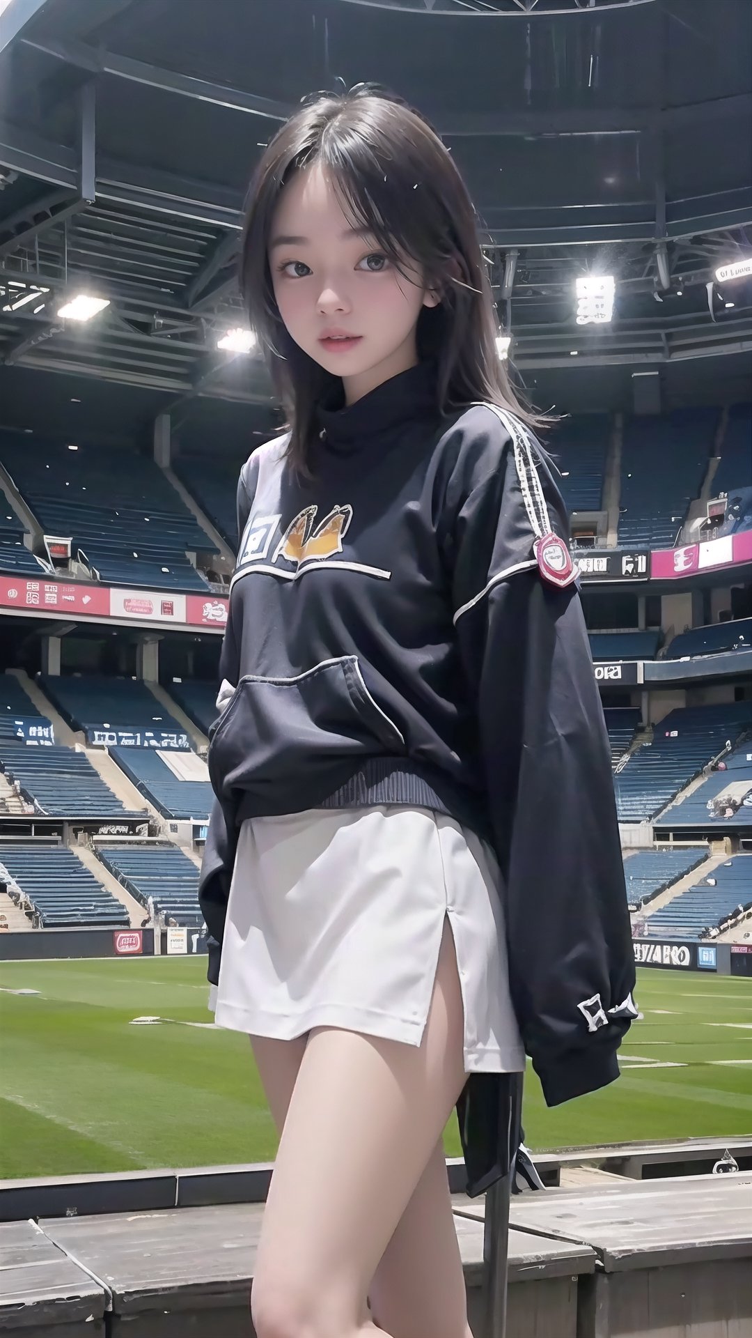 standing, stadium, micro mini skirt, 28 year old