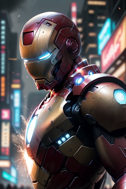 Iron man in a cybernetic suit., cinematic, 4k, epic Steven Spielberg movie still, sharp focus, emitting diodes, smoke, artillery, sparks, racks, system unit, motherboard, by pascal blanche rutkowski repin artstation hyperrealism painting concept art of detailed character design matte painting, 4 k resolution blade runner