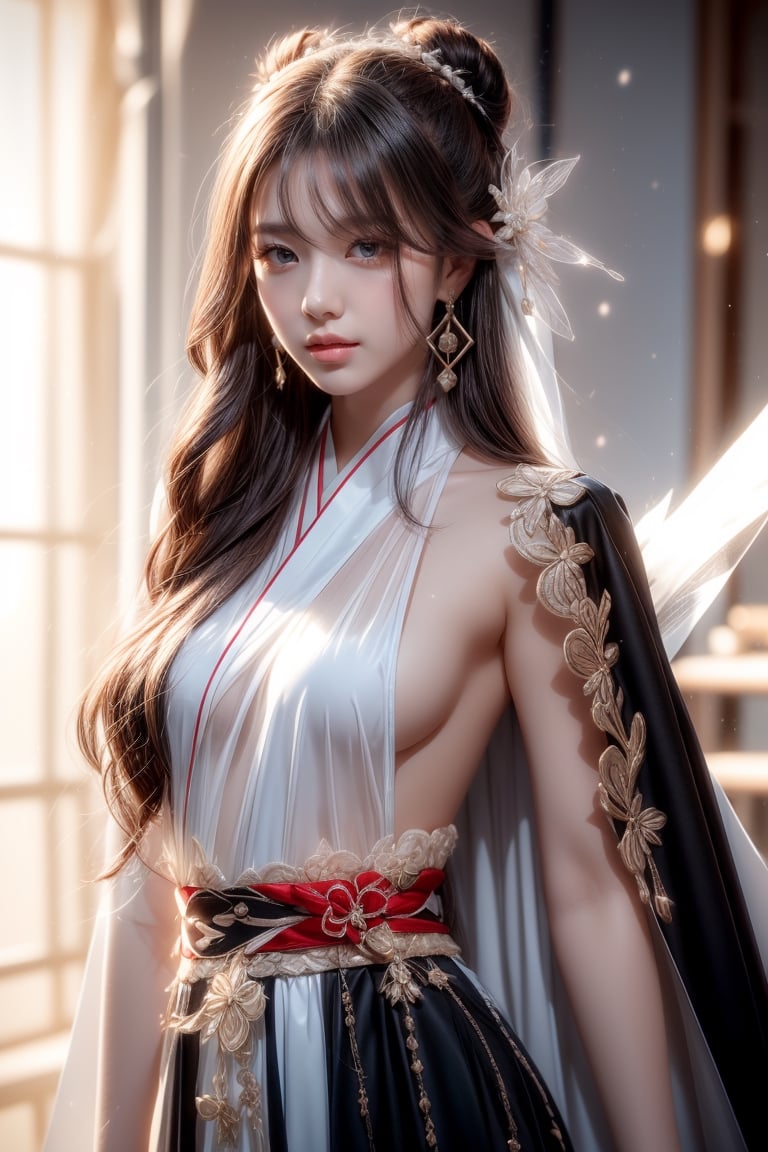 The background is midnight sky,big blue moon,dark night,snow blowing,16 yo, 1 girl,sword,halo,shining bracelet,beautiful hanfu(white, transparent),cape, cloth blowing in wind, solo, {beautiful and detailed eyes}, calm expression, natural and soft light, delicate facial features, cute japanese idol, very small earrings, ((model pose)), Glamor body type, (dark hair:1.2),  beehive,big bun,very_long_hair, hair past hip, curly hair, flim grain, realhands, masterpiece, Best Quality, photorealistic, ultra-detailed, finely detailed, high resolution, perfect dynamic composition, beautiful detailed eyes, eye smile, ((nervous and embarrassed)), sharp-focus, full_body, sexy pose,cowboy_shot,ruanyi0060