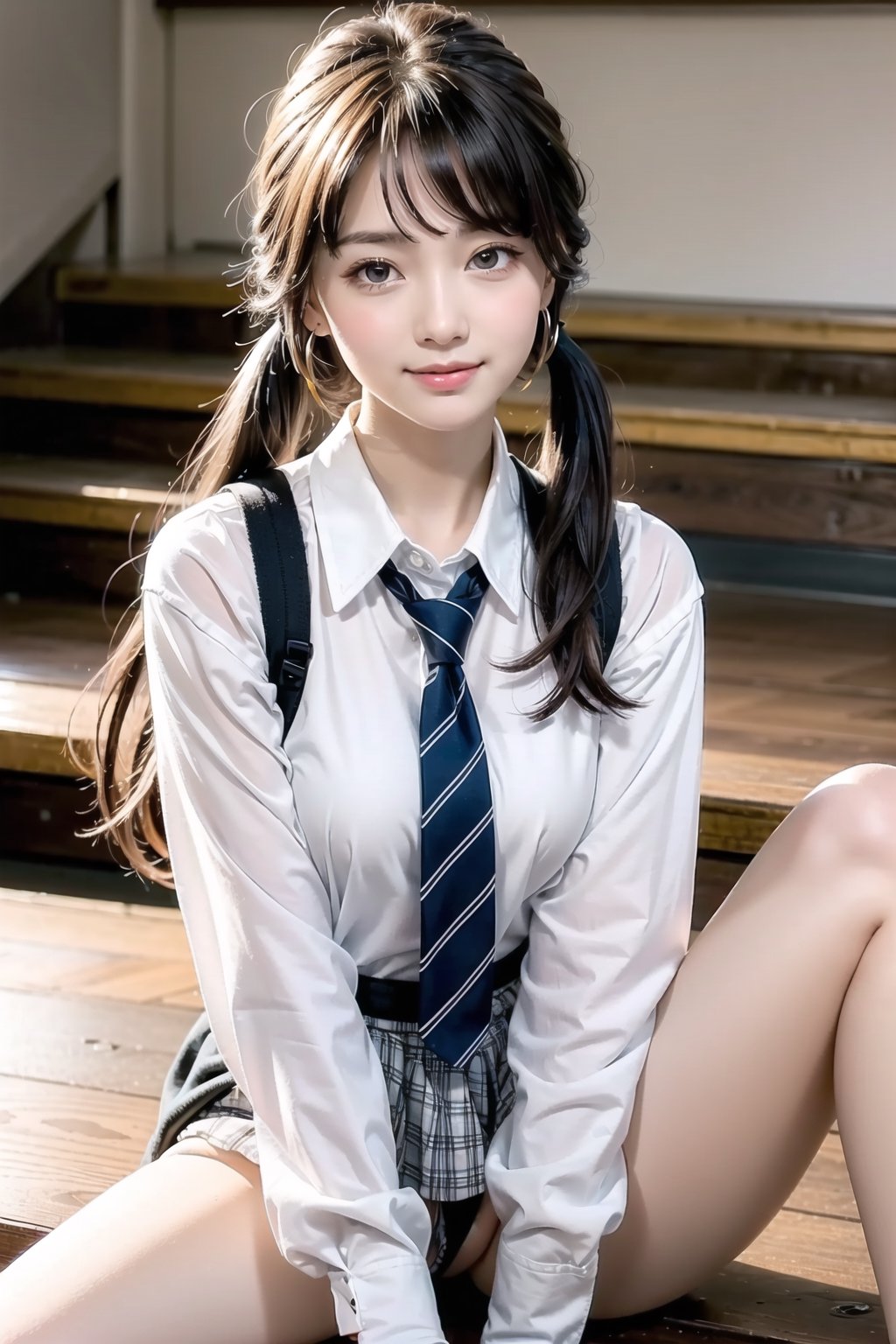 Extremely Realistic, Best quality, master piece, high resolution, high quality, high detail, perfect human anatomy, realistic , cute and small face and eyes and body and fingers and skin, perfect  face and eyes and body and fingers and skin, detailed face and eyes and body and fingers and skin, 16K,
1 girl on school gym stair top,Japanese, light brown hair, long hair, wavy hair：1.2, pigtails, double hair：1.5, cute face, perfect female body, large breasts, skinny body, hairpin, inverted triangle earrings, checkered shirt, tie, big sweater vest , (missing bottoms fashion), knee socks, school skirt,white panties,long-sleeved shirt, blush, forced smile, big eyes, park, cute pose,High detailed ,pussy fingering, realistic picture, ((full bang)), 2023's, ,Realism