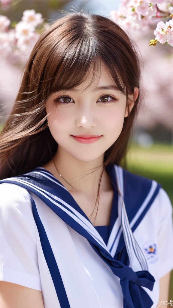 1girl, (Ultra realistic), (highly detailed eyes, highly detailed hair, highly detailed face, highly detailed plump lips), (sailor uniform, school uniform), breasts, caute smile, (best quality:1.4), Raw photo, (Ultra realistic), (photo-realistic:1.4), professional photography, cinematic light, depth of fields, cherry blossom trees, Spring, sunny skies,