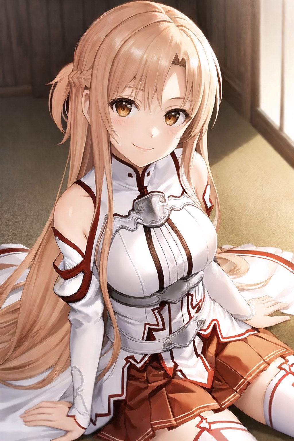 {best quality}, {highly detailed}, masterpiece, beautiful face,{{1girl}}, {{yuuki asuna}}, long hair,  brown hair, braid,  brown eyes,  bare shoulders, white sleeves, detached sleeves, red skirt, pleated skirt,  white thighhighs, shiny skin, {game cg}, {medium breasts}, blurry background, indoors, pov, {{smile}}, from above, {looking at viewer}, {{{yokozuwari}}}, arm support,