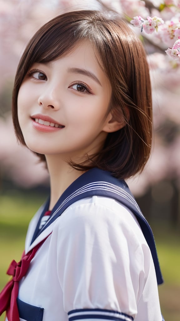 1girl, (hyperrealistic), (highly detailed eyes, highly detailed charming short hair, highly detailed face, highly detailed full lips), (sailor uniform, school uniform), breasts, delicate smile, (best quality: 1.4 ), original photo, (hyperrealistic), (photorealistic: 1.4), professional photography, cinematic light, depth of field, cherry blossom tree, spring, clear sky,