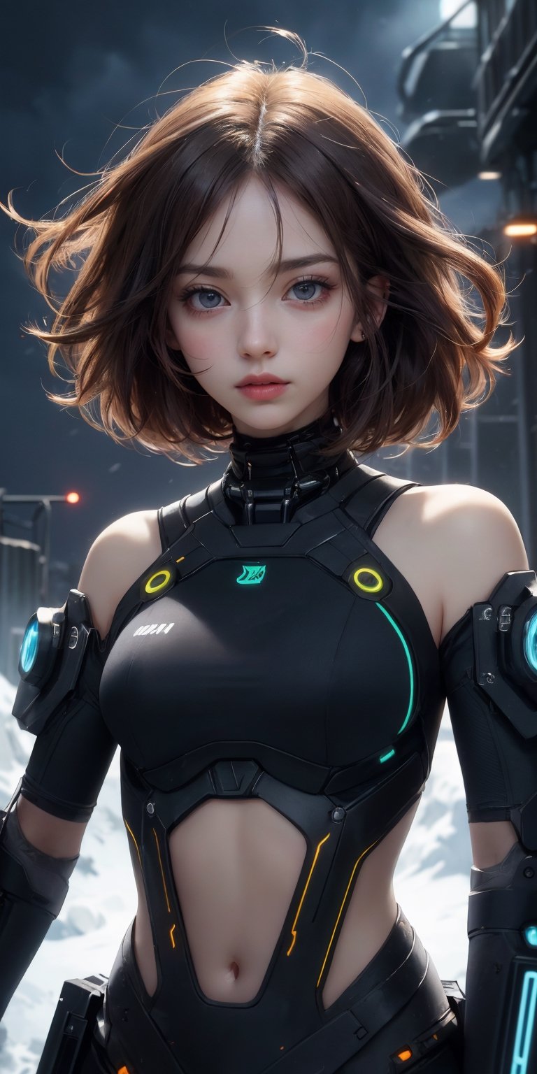Special operation agent, futuristic tactical black suite, extra detailed, detailed anatomy, detailed face, detailed eyes,8k, RAW Photo, Best Quality, Masterpiece,Realism, extra detailed,detailed anatomy, detailed face, detailed eyes, 1 girl, short brown hair, Glare Eyes, Cute Face., stunning anime face portrait, beautiful seductive anime girl,beautiful anime portrait, beautiful anime girl,beautiful off futuristic, brown eyes, off shoulder, crop top, sexy, (((night))), (((background strong wind blizzard futuristic sci-fi outpost))),looking at viewer,(full Body:0),photo of perfecteyes eyes,Portrait