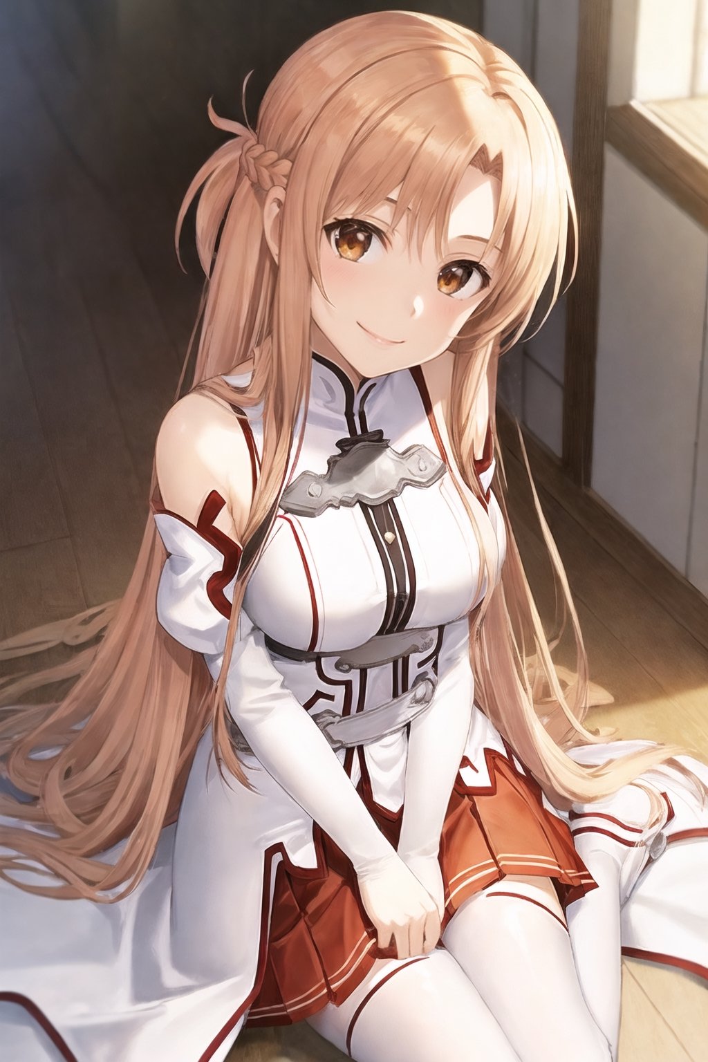 {best quality}, {highly detailed}, masterpiece, beautiful face,{{1girl}}, {{yuuki asuna}}, long hair,  brown hair, braid,  brown eyes,  bare shoulders, white sleeves, detached sleeves, red skirt, pleated skirt,  white thighhighs, shiny skin, {game cg}, {medium breasts}, blurry background, indoors, pov, {{smile}}, from above, {looking at viewer}, {{{yokozuwari}}}, arm support,