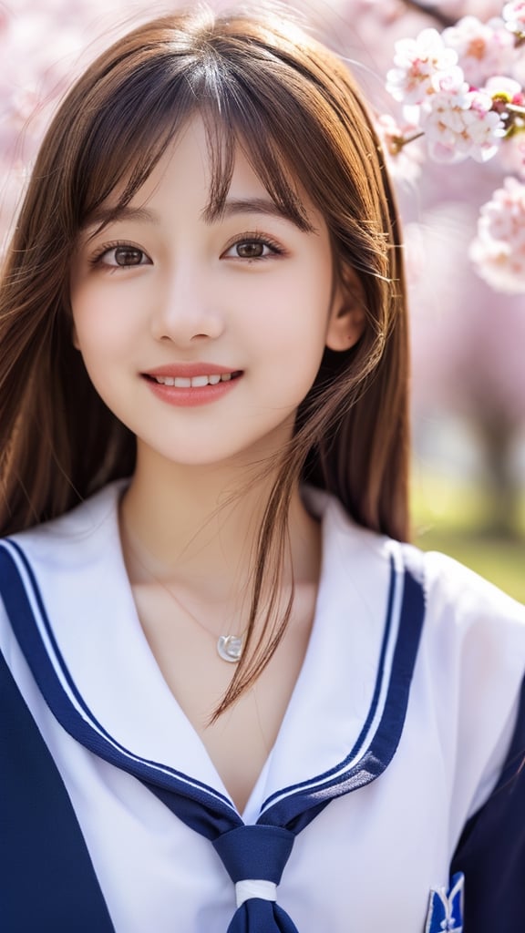 1girl, (Ultra realistic), (highly detailed eyes, highly detailed hair, highly detailed face, highly detailed plump lips), (sailor uniform, school uniform), breasts, caute smile, (best quality:1.4), Raw photo, (Ultra realistic), (photo-realistic:1.4), professional photography, cinematic light, depth of fields, cherry blossom trees, Spring, sunny skies,