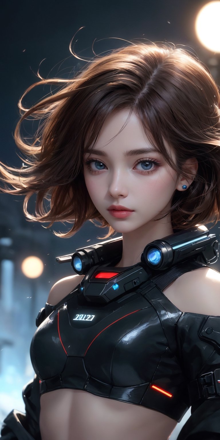Special operation agent, futuristic tactical black suite, extra detailed, detailed anatomy, detailed face, detailed eyes,8k, RAW Photo, Best Quality, Masterpiece,Realism, extra detailed,detailed anatomy, detailed face, detailed eyes, 1 girl, short brown hair, Glare Eyes, Cute Face., stunning anime face portrait, beautiful seductive anime girl,beautiful anime portrait, beautiful anime girl,beautiful off futuristic, brown eyes, off shoulder, crop top, sexy, (((night))), (((background strong wind blizzard futuristic sci-fi outpost))),looking at viewer,(full Body:0),photo of perfecteyes eyes,Portrait
