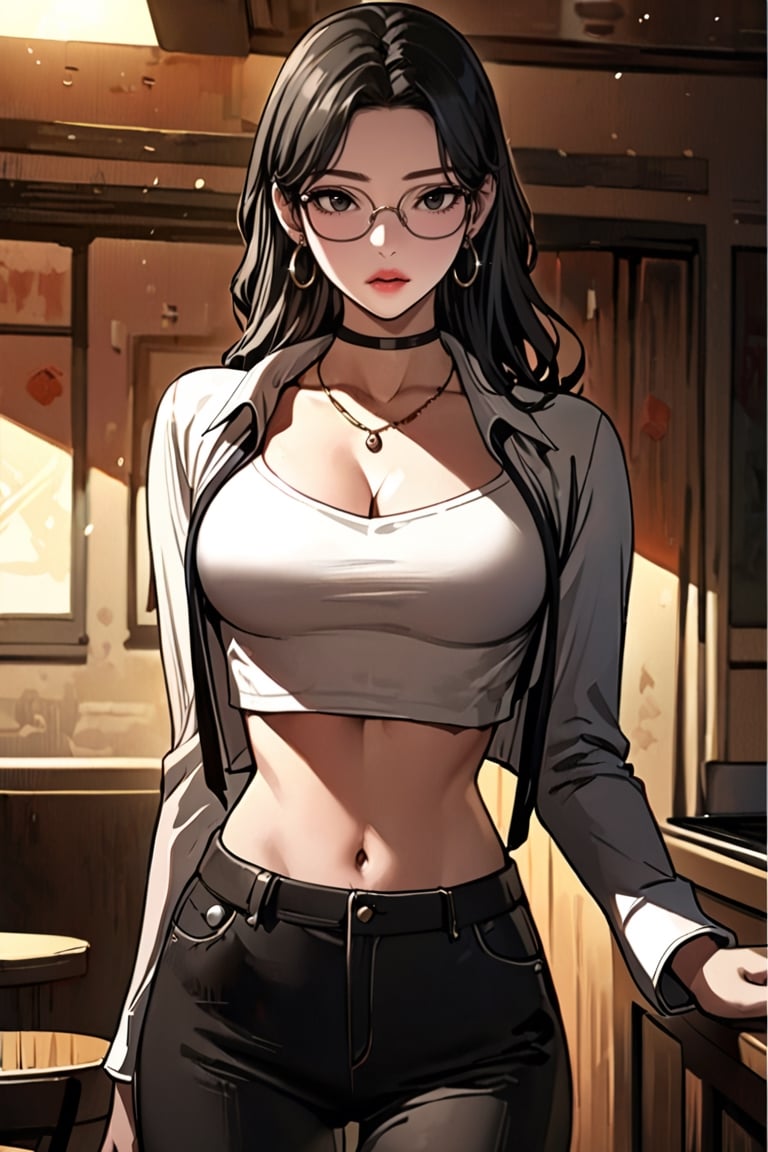 (masterpiece, best quality:1.3), (detailed manga illustration:1.2), dynamic cinematic view, chiaroscuro, 1girl, solo, long hair, breasts, looking at viewer, shirt, long sleeves, navel, cleavage, jewelry, medium breasts, standing, black hair, cowboy shot, earrings,open clothes, choker, midriff, pants, indoors, necklace, lips, crop top, black pants, white shirt, hoop earrings, pink lips, rectangular glasses,Reality Quest style, black eyes,more detail XL, 