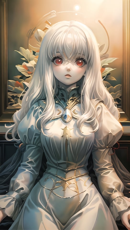 (best quality, masterpiece:1.2),ultra detailed,solo,cute girl,white hair,shining red eyes,white clothes,dreaming_background,retroartstyle,nodf_lora,portrait,hourglass body shape
